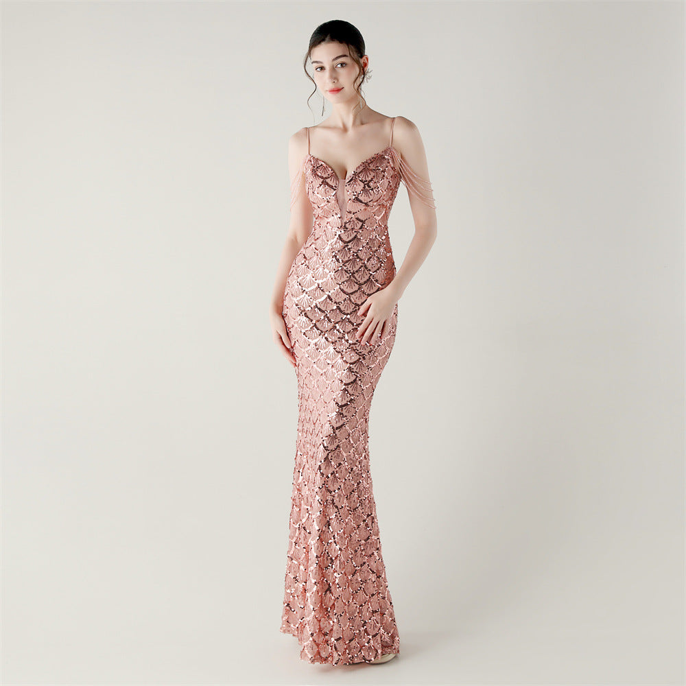 Deep V Strap Sequin Fishtail Evening Dress for Formal Occasions 15