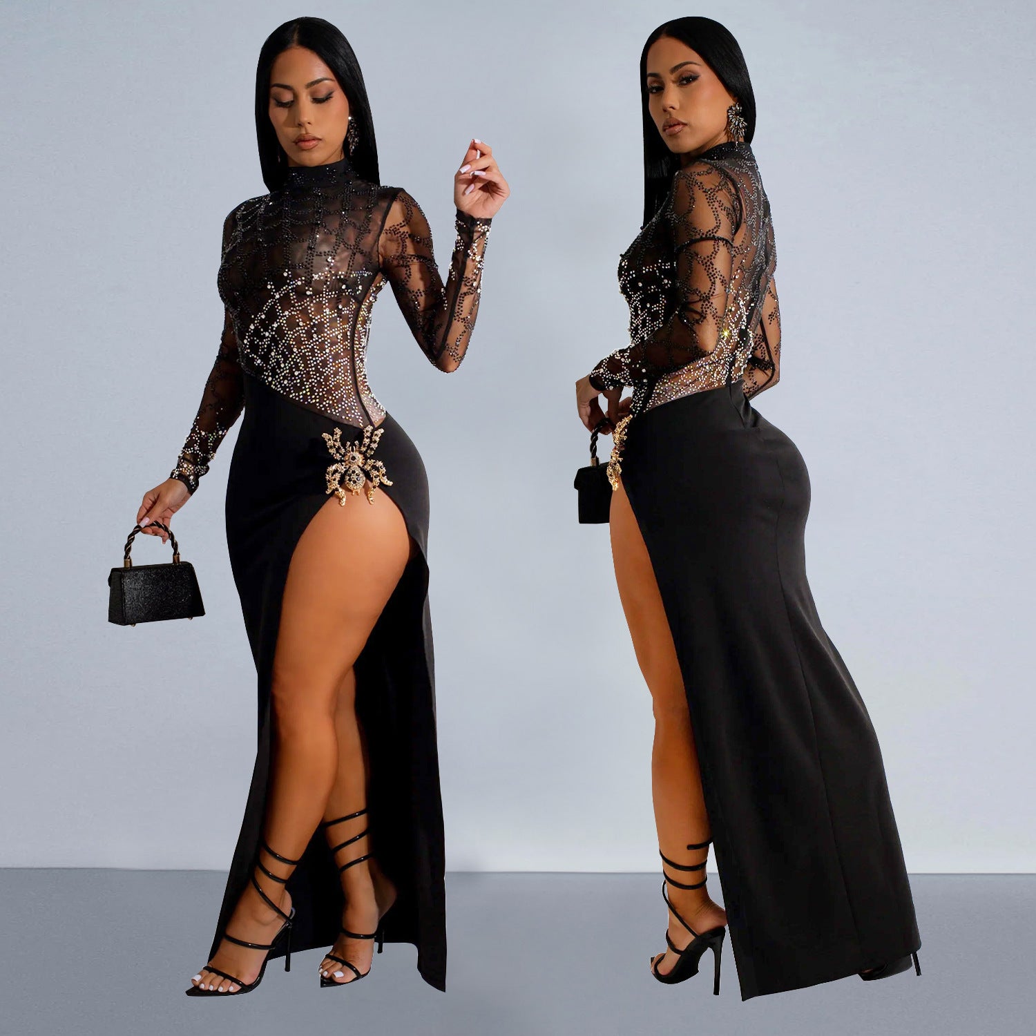 Fashionable Women's Beaded Sexy Hollow Long-Sleeved Slit Dress