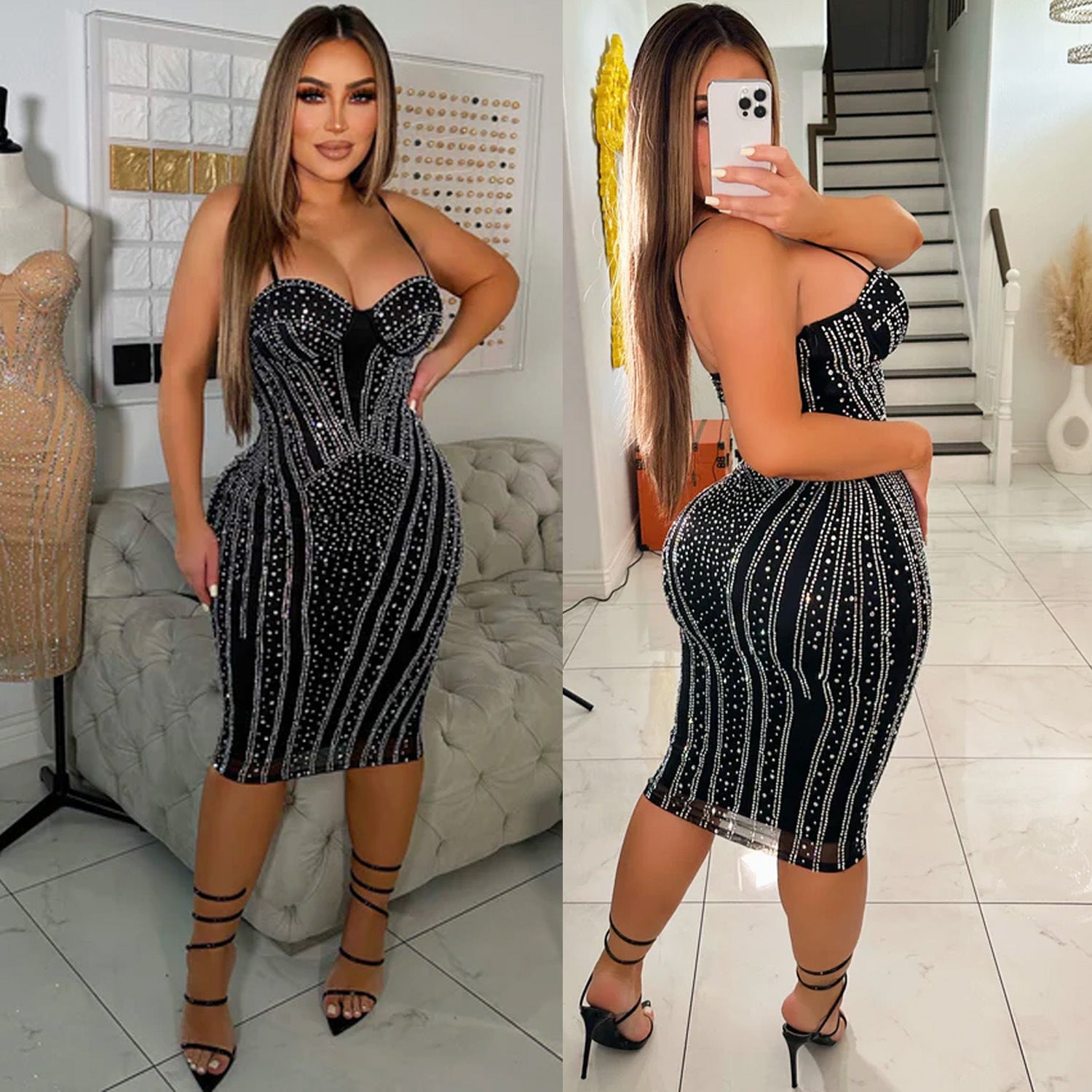 Autumn And Winter Women's Sexy Mesh Beaded Strap Nightclub Dress 5