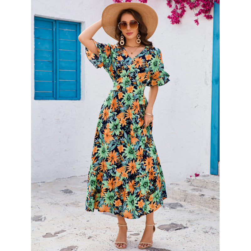 Women ruffled Bat Sleeves V-neck Bohemian beach Holidays dress 5