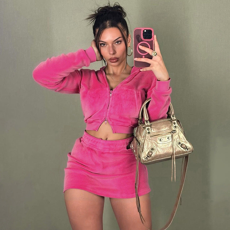 Women Sexy Hooded Long-Sleeved Crop Top and Skirt Two-Piece Casual Set 3