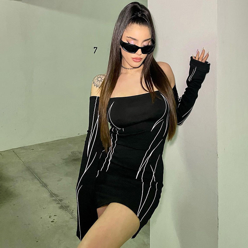 Women Stripe Print Off Shoulder Strapless Bodycon Dress 4