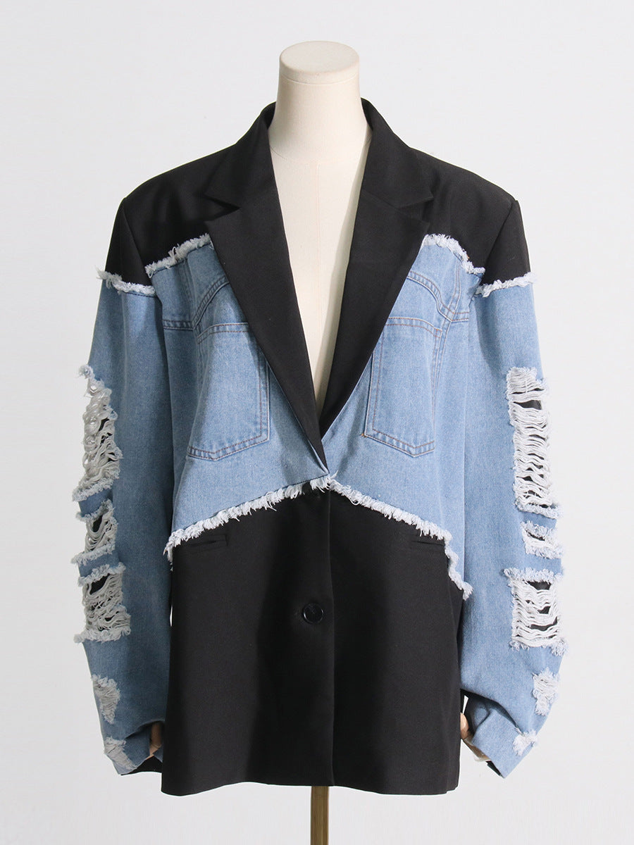 Women's Autumn Contrast Color Denim Patchwork Loose Jacket 4