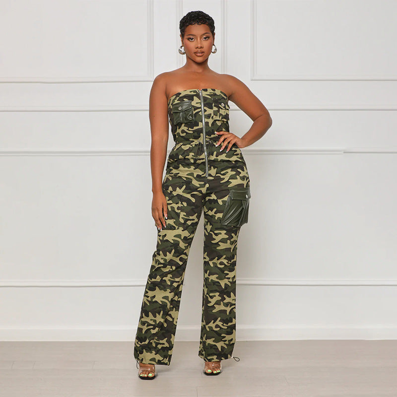 Women Sexy Off-the-Shoulder Zipper Camo Jumpsuit 7