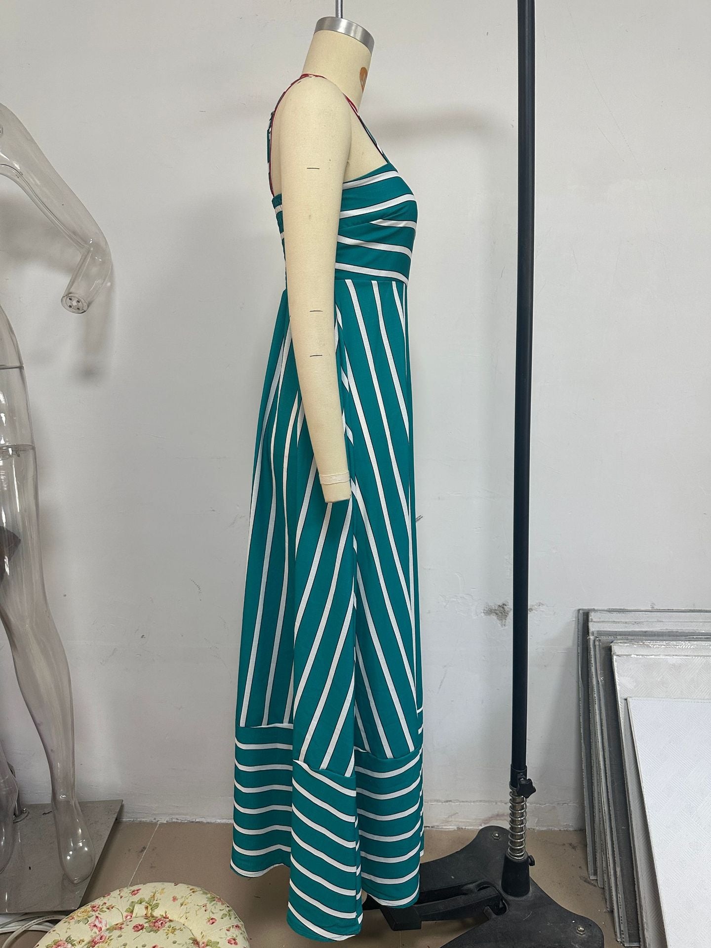 Fashionable Striped Strap High Waist A-Line Long Dress 10