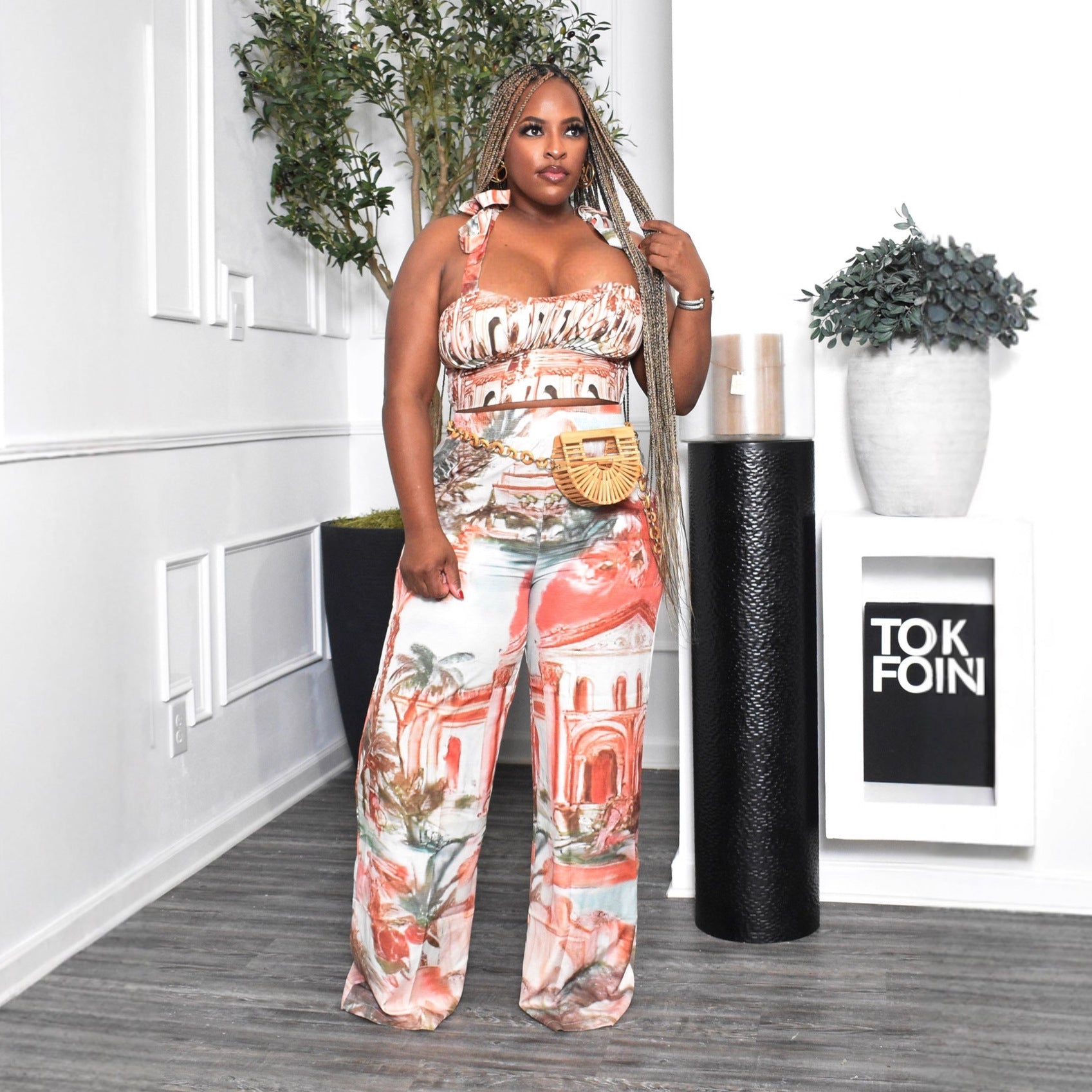 Casual Print Ruffle Strappy Top and Wide-Leg Pants Two-Piece Set 3