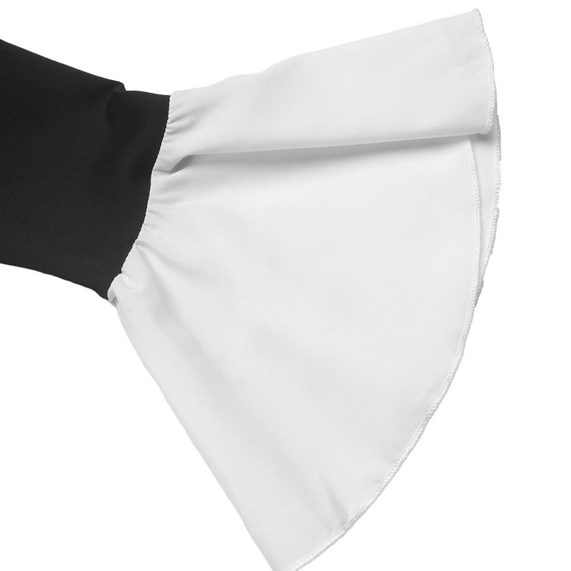 Women Fall/Winter Lace-Up Round Neck Patchwork Contrast Color Bell Bottom Sleeve Dress 11