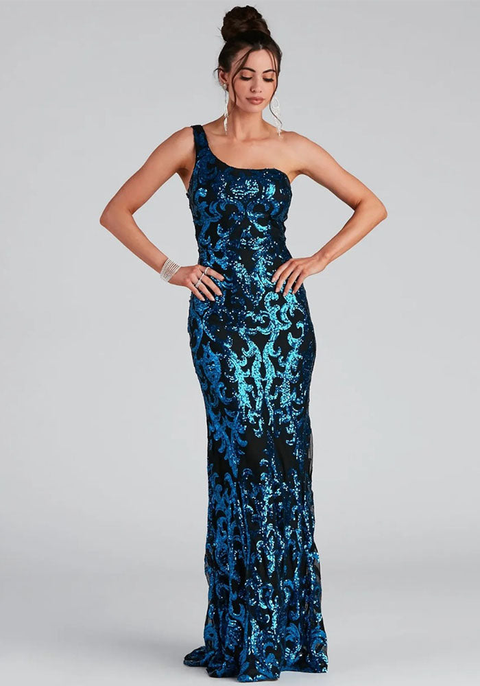 Summer Sequin Sleeveless One Shoulder Formal Party Evening Dress