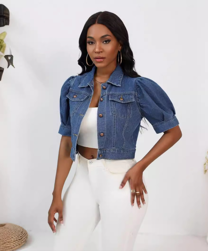 Fashion Button Up Short Sleeve Half Puff Sleeve Women Denim Jacket