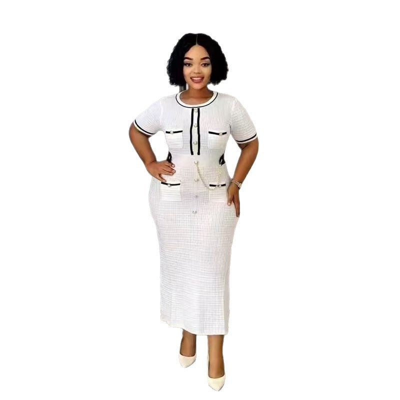 French Elegance Chic Fitted Round Neck Short-Sleeve Gold Button Knit Dress 6