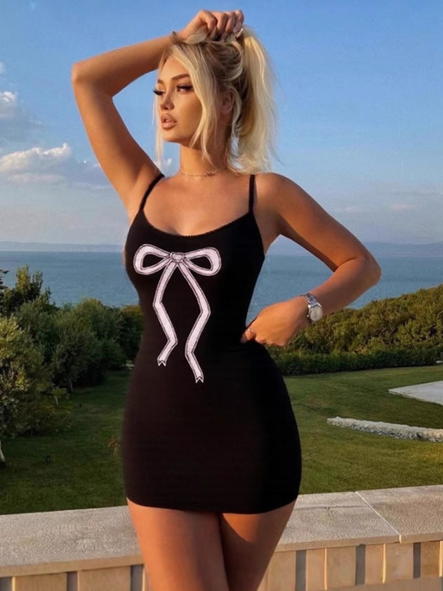 Women Spring Sexy U-neck Bow Print Backless Strap Dress 4