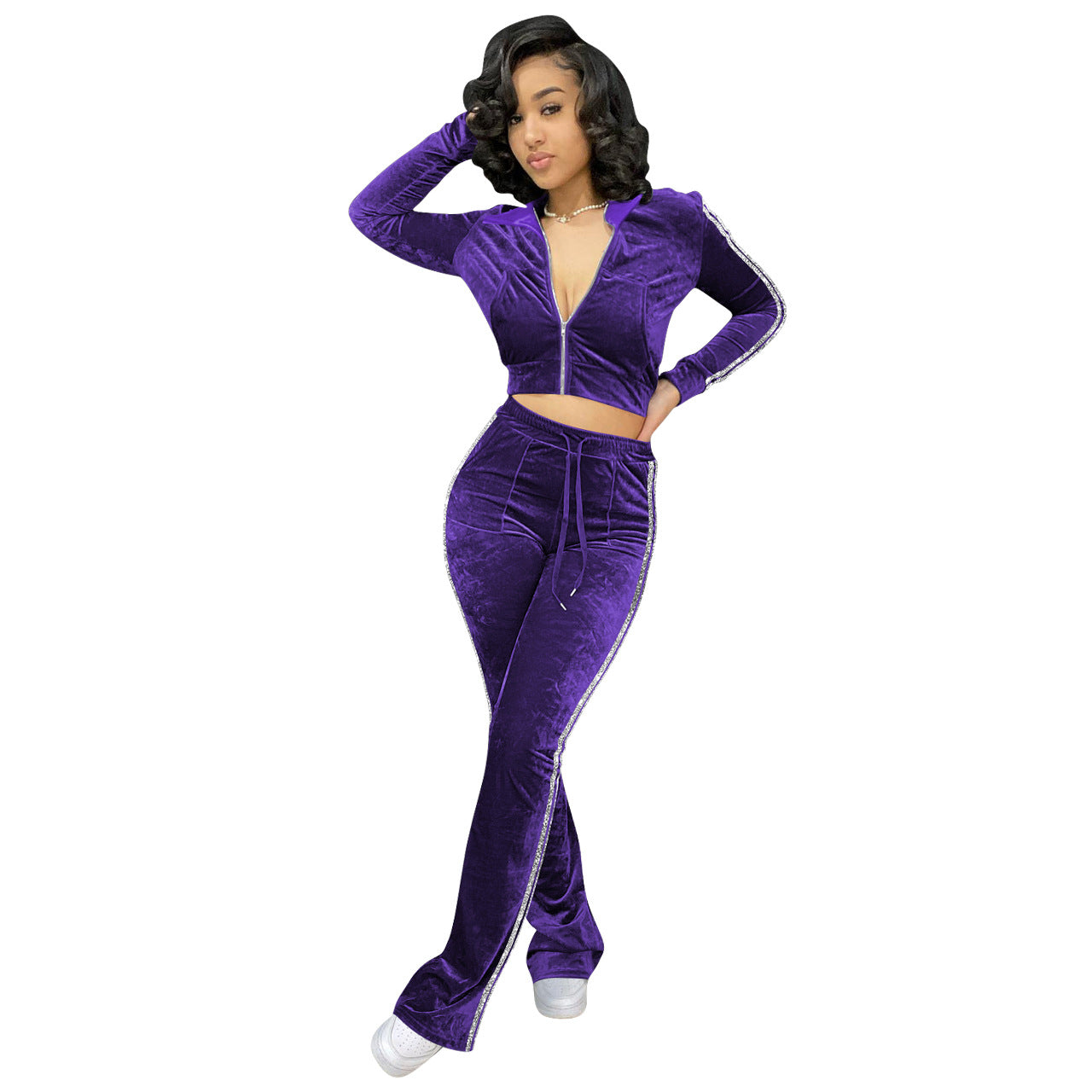 Women's Solid Velvet Casual Zip Top Wide Leg Pants Two Piece Tracksuit 42