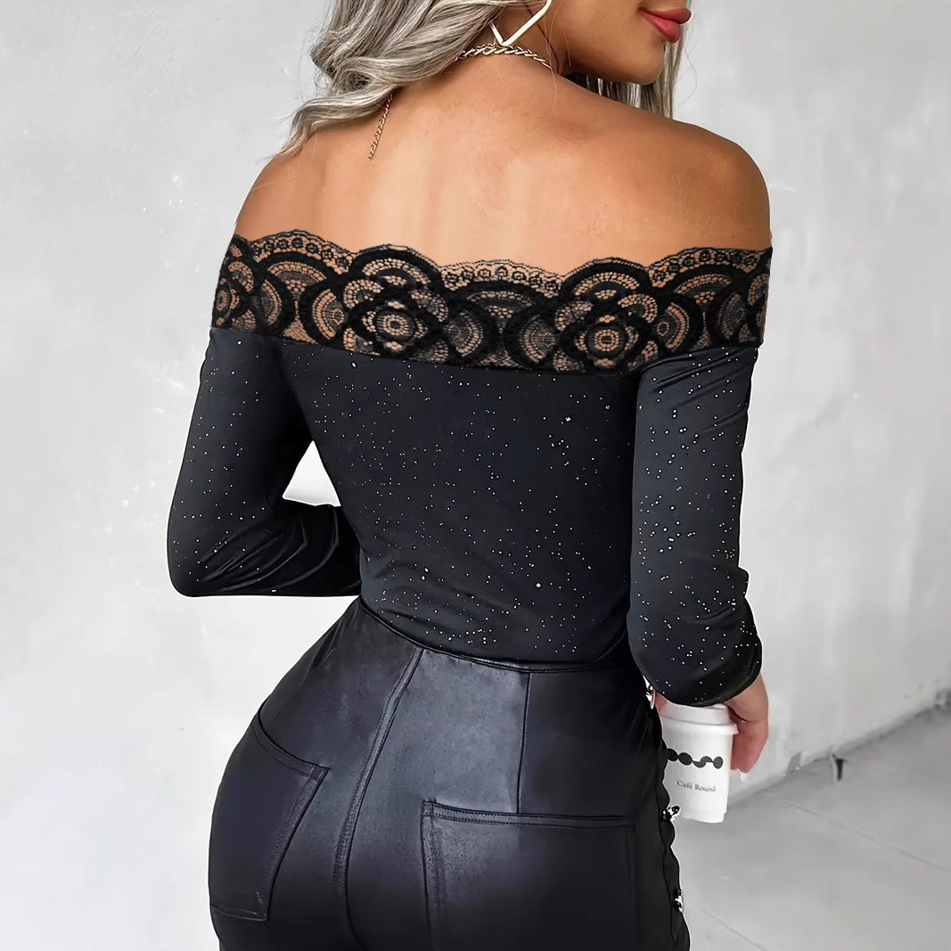 Women lace Off Shoulder sexy black long sleeve Top