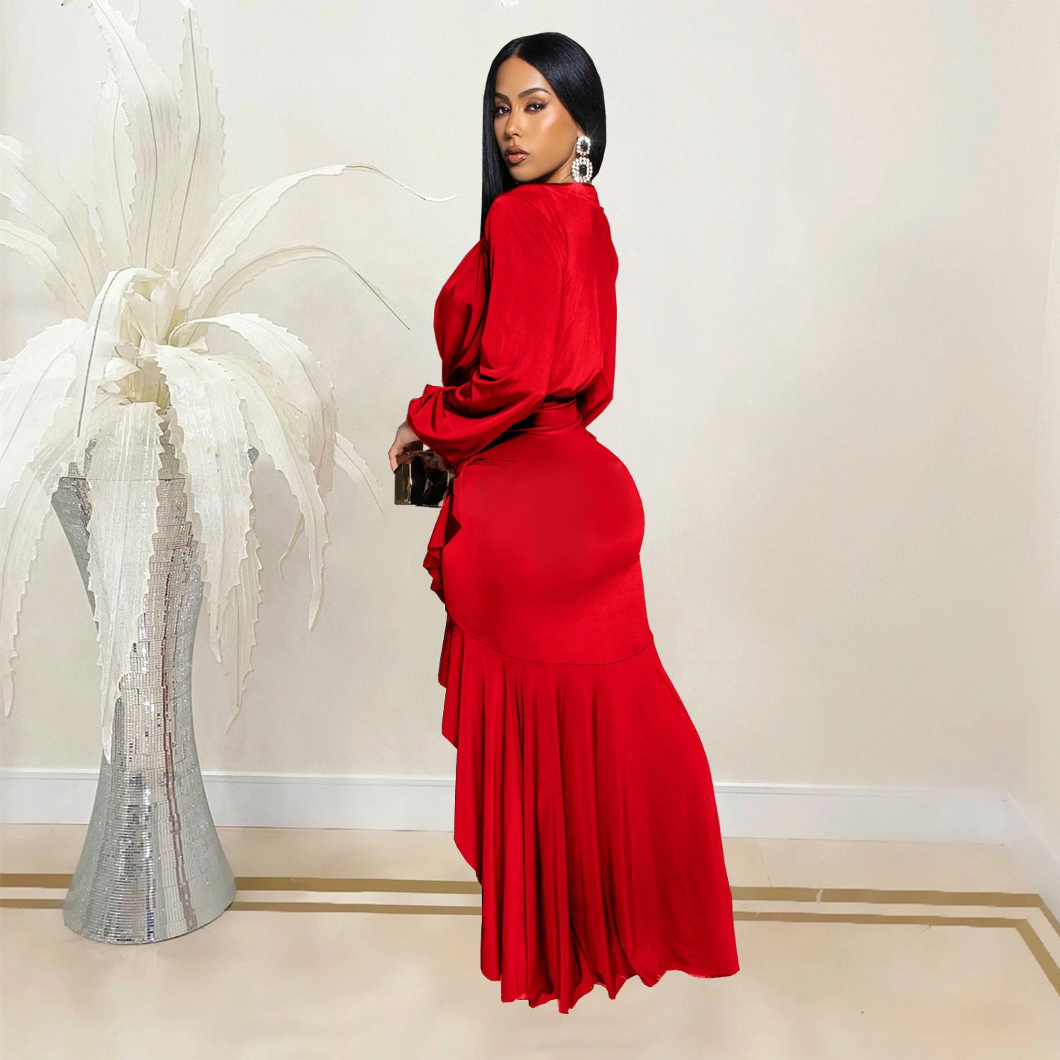 Women Elegant V-neck Slit Long Sleeve Solid Dress 7