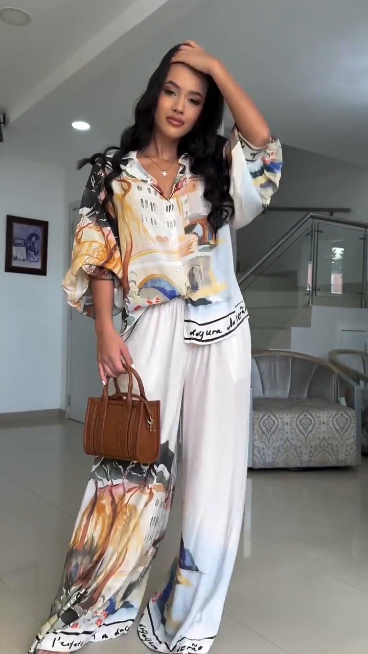 Women's Print Loose Fashion Lantern-Sleeve Blouse & Wide-Leg Pants Set 3