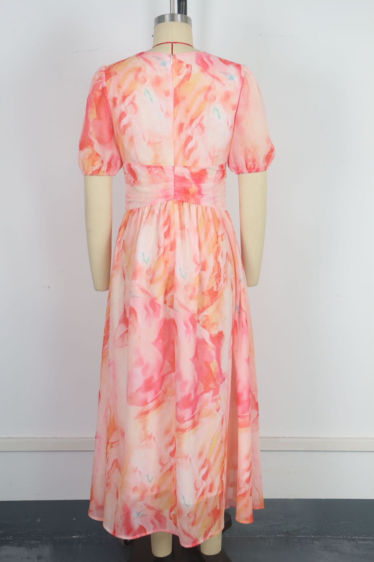 Women Holiday Chiffon V-Neck Short-Sleeve Zippered Print Dress 7