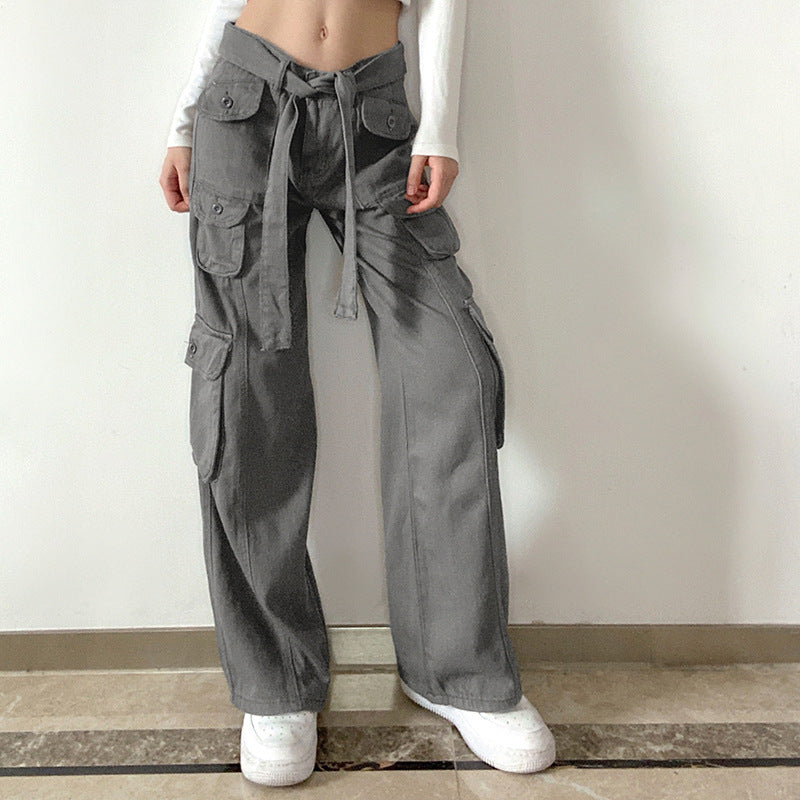 Street Hipster Women Clothing Casual Loose Drawstring Belt High Waist  Grey Wide Leg Denim Cargo Pants 6
