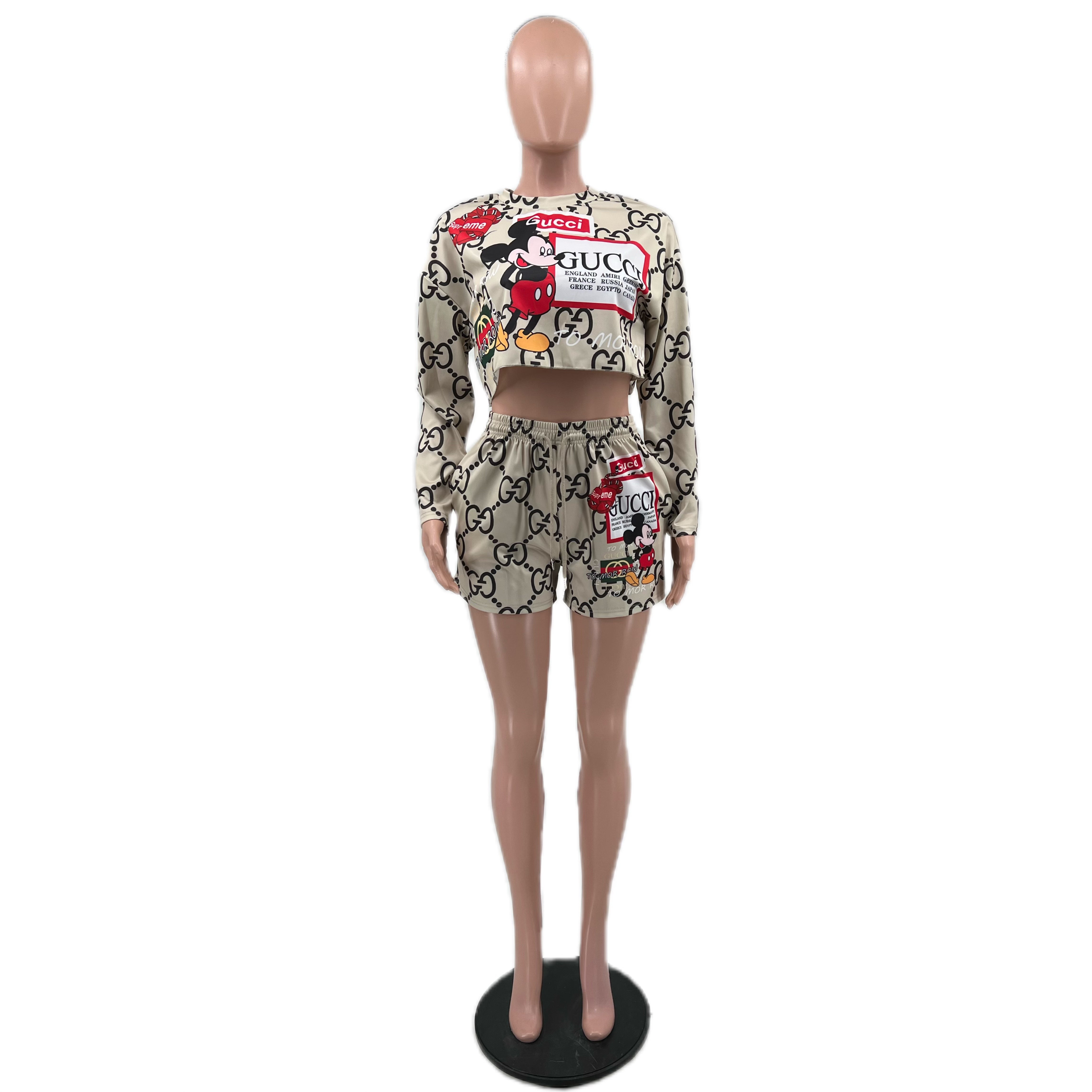 Women Cartoon Print Autumn Long-Sleeved Top and Shorts Two-Piece Set 5