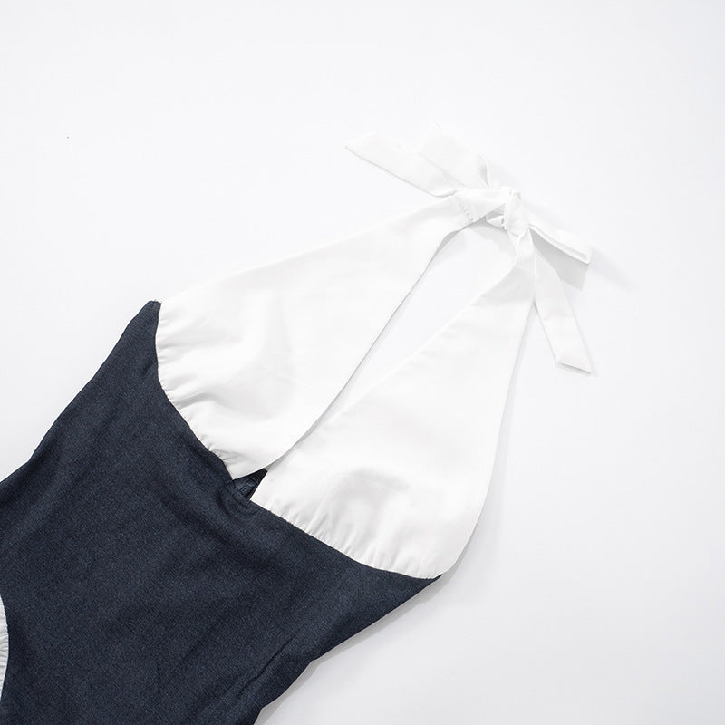 Women Summer Sexy V-Neck Halter Neck Lace-Up Backless Color-Contrast Dress 8