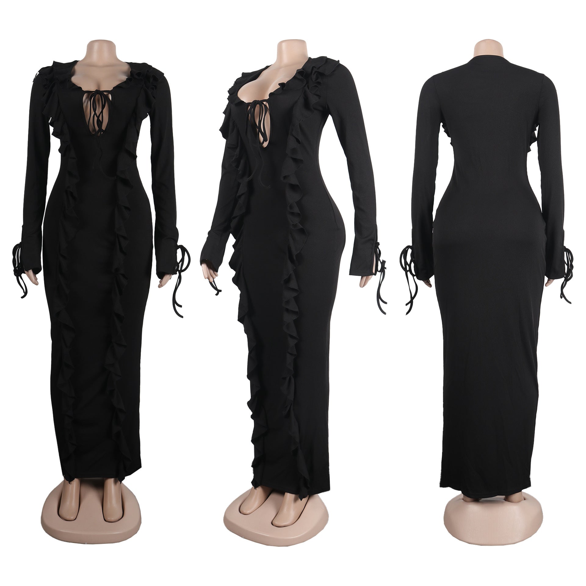 Ruffled V-Neck Lace-Up Slim Fit Long Dress 10