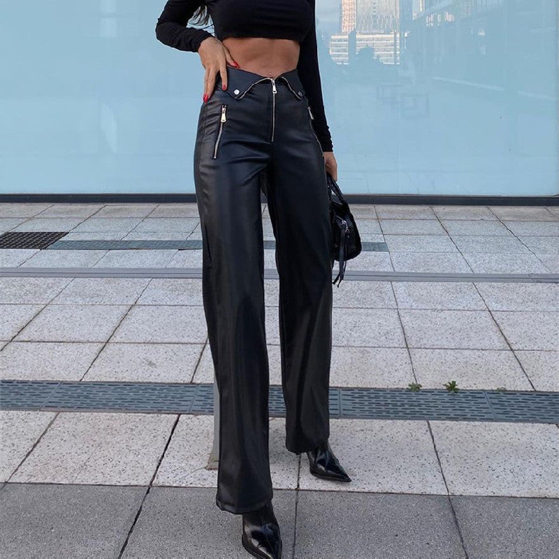 Women Autumn Casual High Waist Loose Wide Leg PU-Leather Pant 9