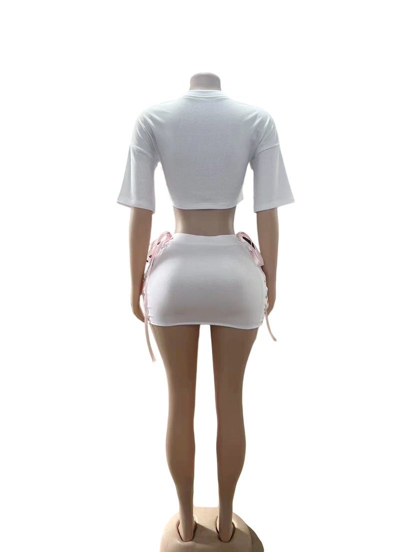 Women's Sexy Crop Top & Short Skirt Set with Rose Decoration 4