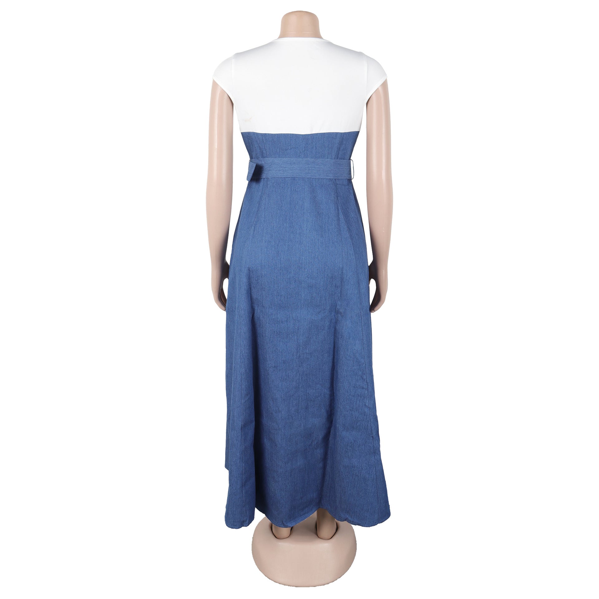 Elegant Career Denim Patchwork Contrast Color Pocket A-Line Dress 6