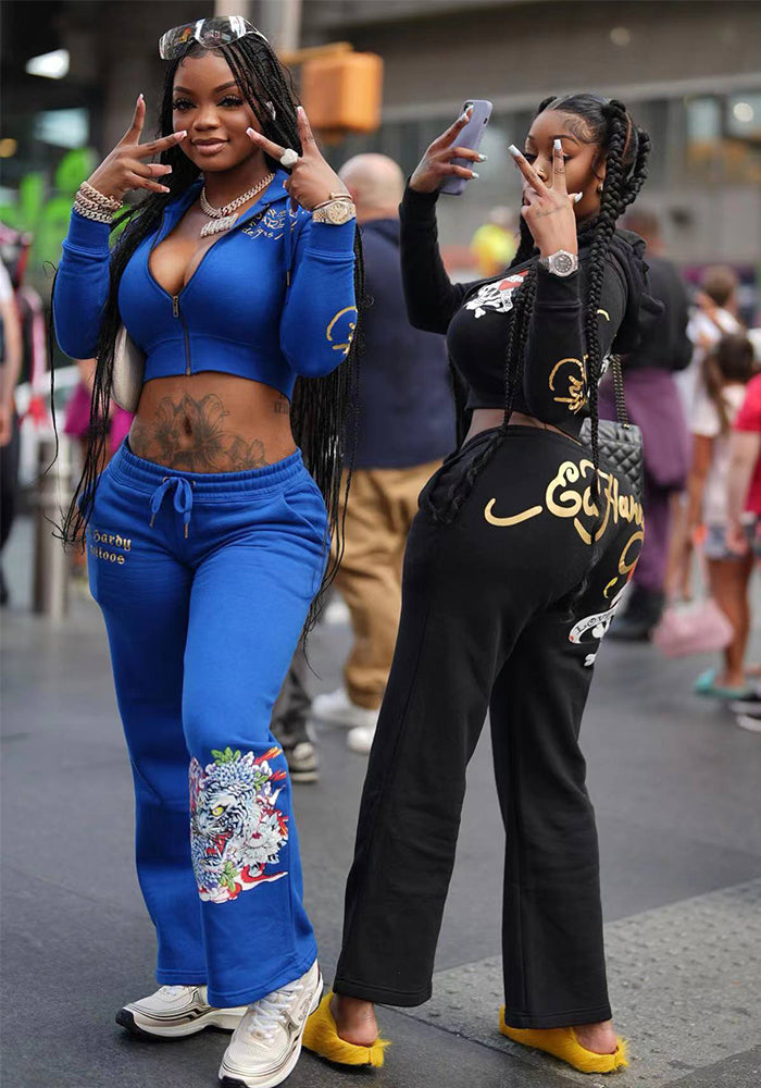 Fashionable street printed zipper short hoodies high waist straight trousers two piece set