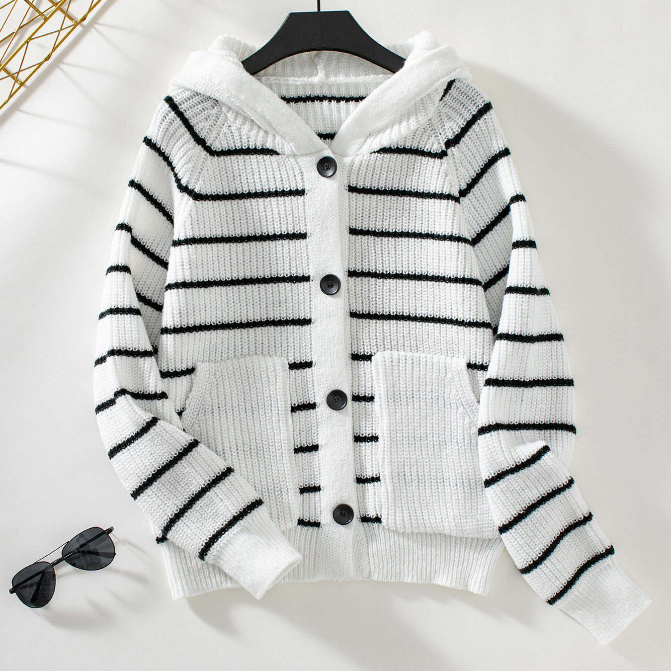 Hooded Striped Knitting Cardigan Women Autumn And Winter Loose Casual Pocket Sweater 8