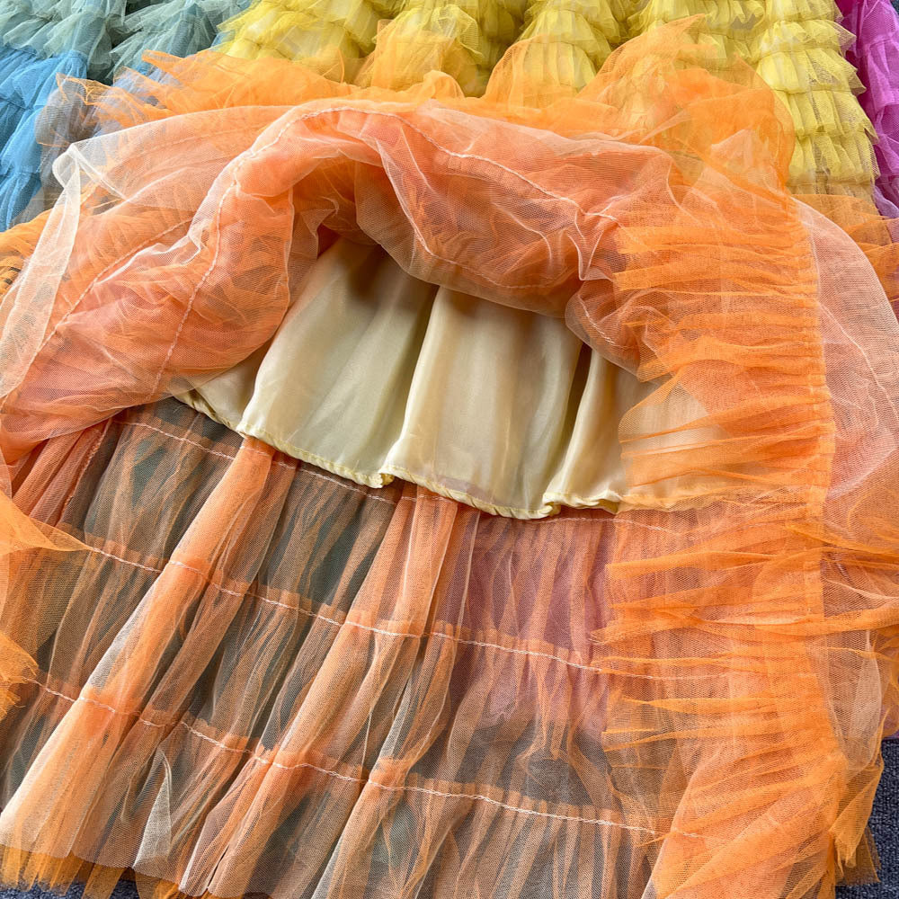 Women  Irregular Gradient Cascading Ruffles Puffy Mesh Skirt 18