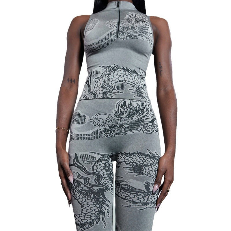 Women's Style Dragon Print Fashion Zip Sleeveless Vest Trousers Casual Two Piece Pants Set 6