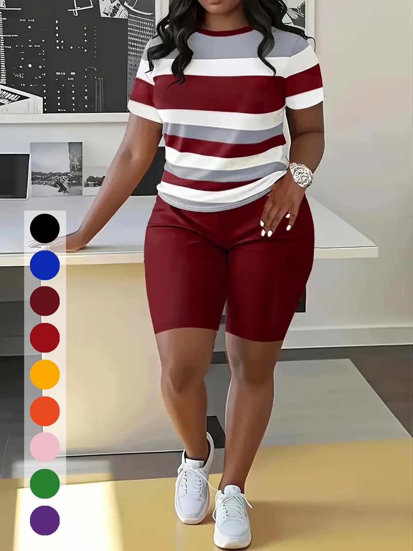 Women's Striped Print Short-Sleeve Sporty Two-Piece Shorts Set 4