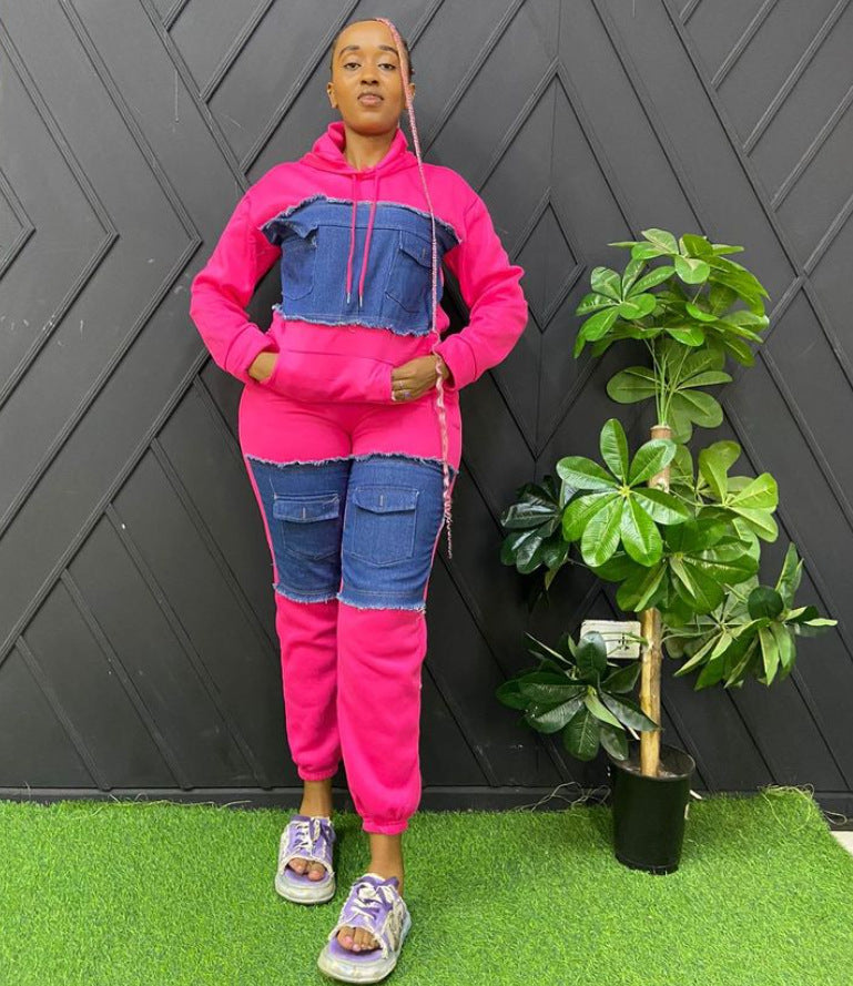 Women Irregular Color-contrast Patchwork Denim Hoodies 6