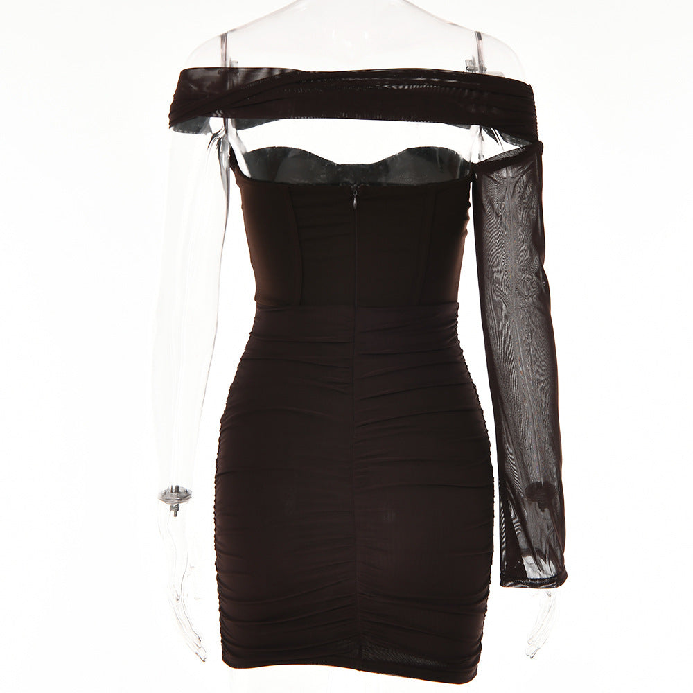 Women Sexy One Shoulder Sleeve Backless Strapless Dress 15