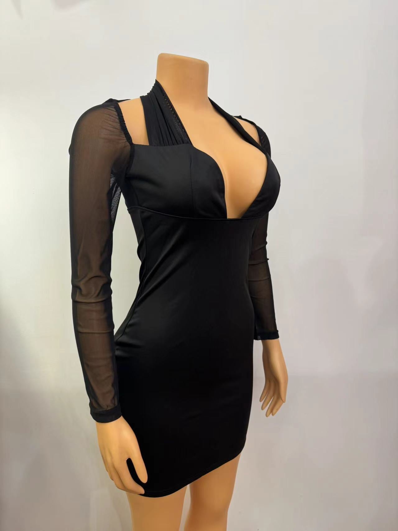 Women Halter Neck Sexy Mesh Patchwork Long Sleeve Bodycon Dress 10
