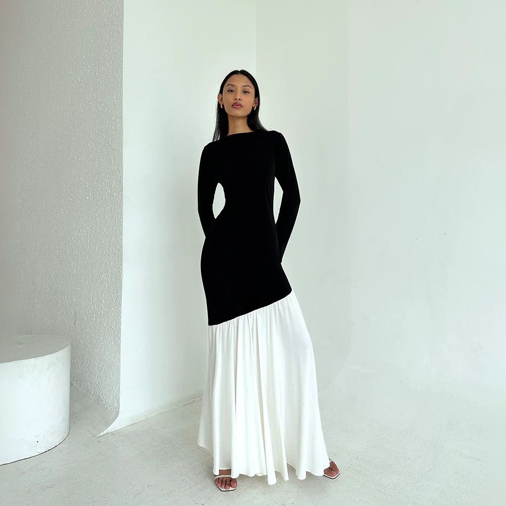 Women Color-blocked Round Neck Sexy Long-sleeved Dress 4