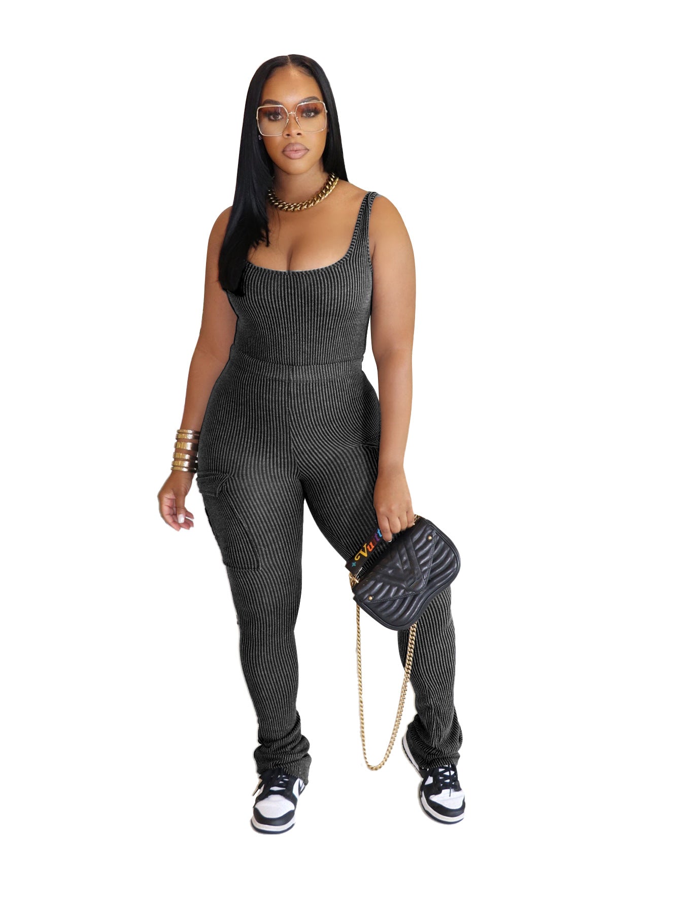 Women Casual Elastic Bodysuit and Pants Two-piece Set 6