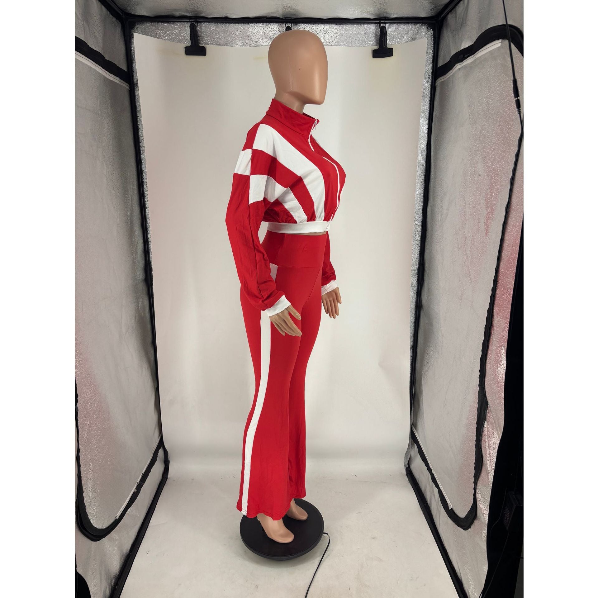 Women's Chic Casual Color-Block Long-Sleeve Zipper Top Slim Fit Bell Bottom Pants Set 22