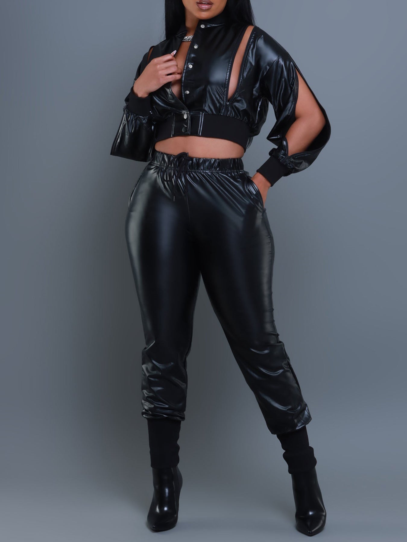 Women's Autumn Winter Pu Leather Zipper Jacket Pants Two-Piece Set 15