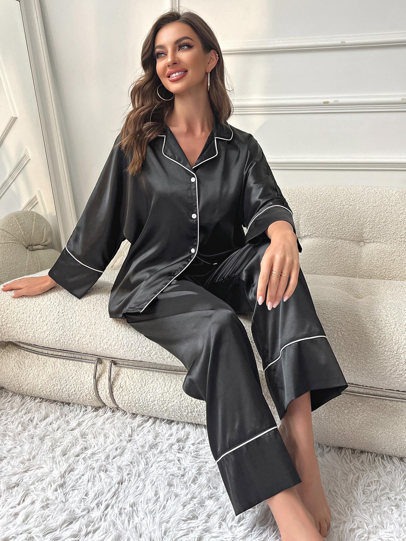 Simulated Silk Pajamas Women's Autumn and Winter Long Sleeve Lounge Wear Set Outdoor Wear 18
