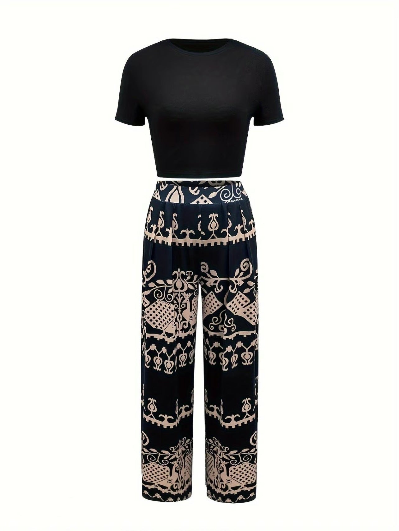 Women printed Casual short-sleeved T-shirt + wide-leg pants two-piece set 23
