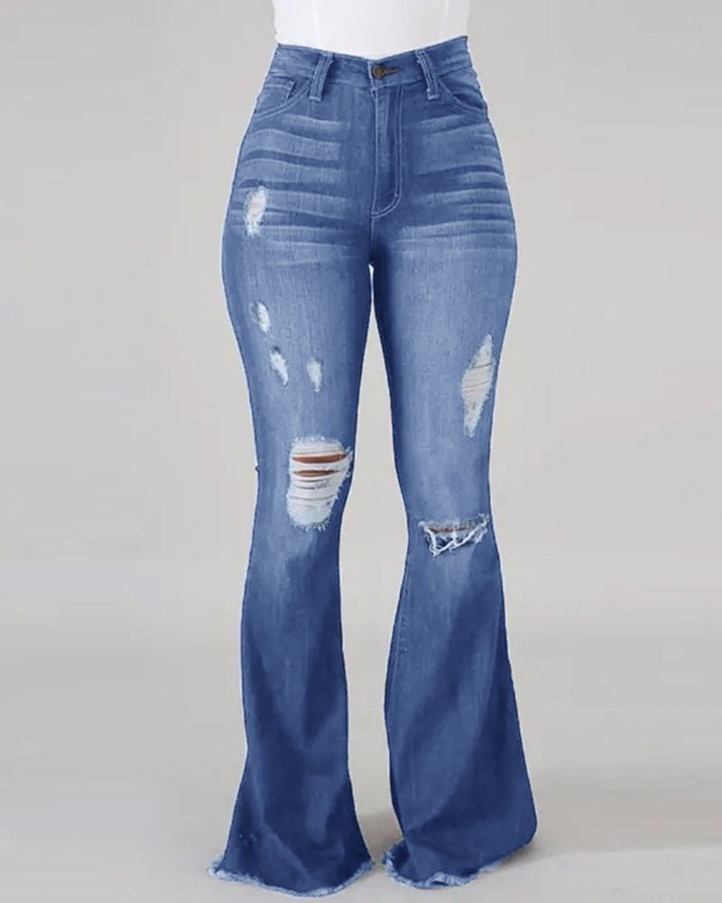 Women Stretch Ripped Denim Bell Bottom Pants 3