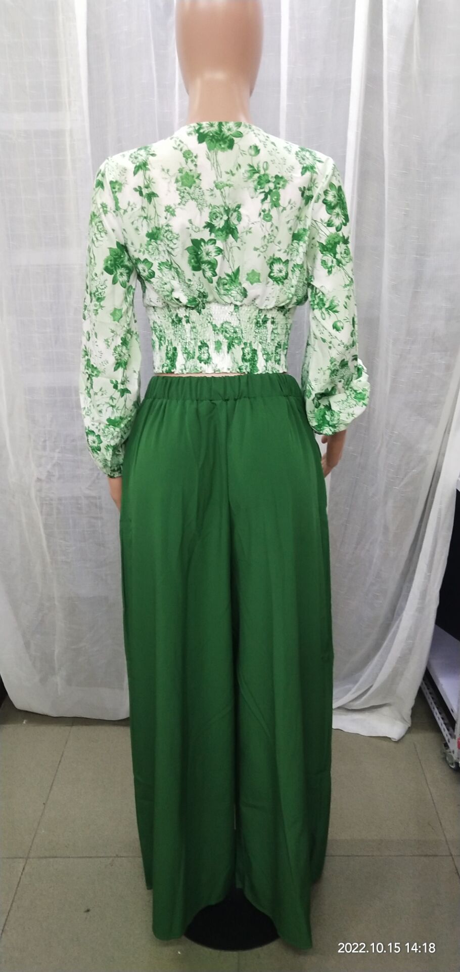 Autumn V-Neck Women'S Puff Sleeve Print Top Wide Leg Pants Fashion Two Piece Set 16