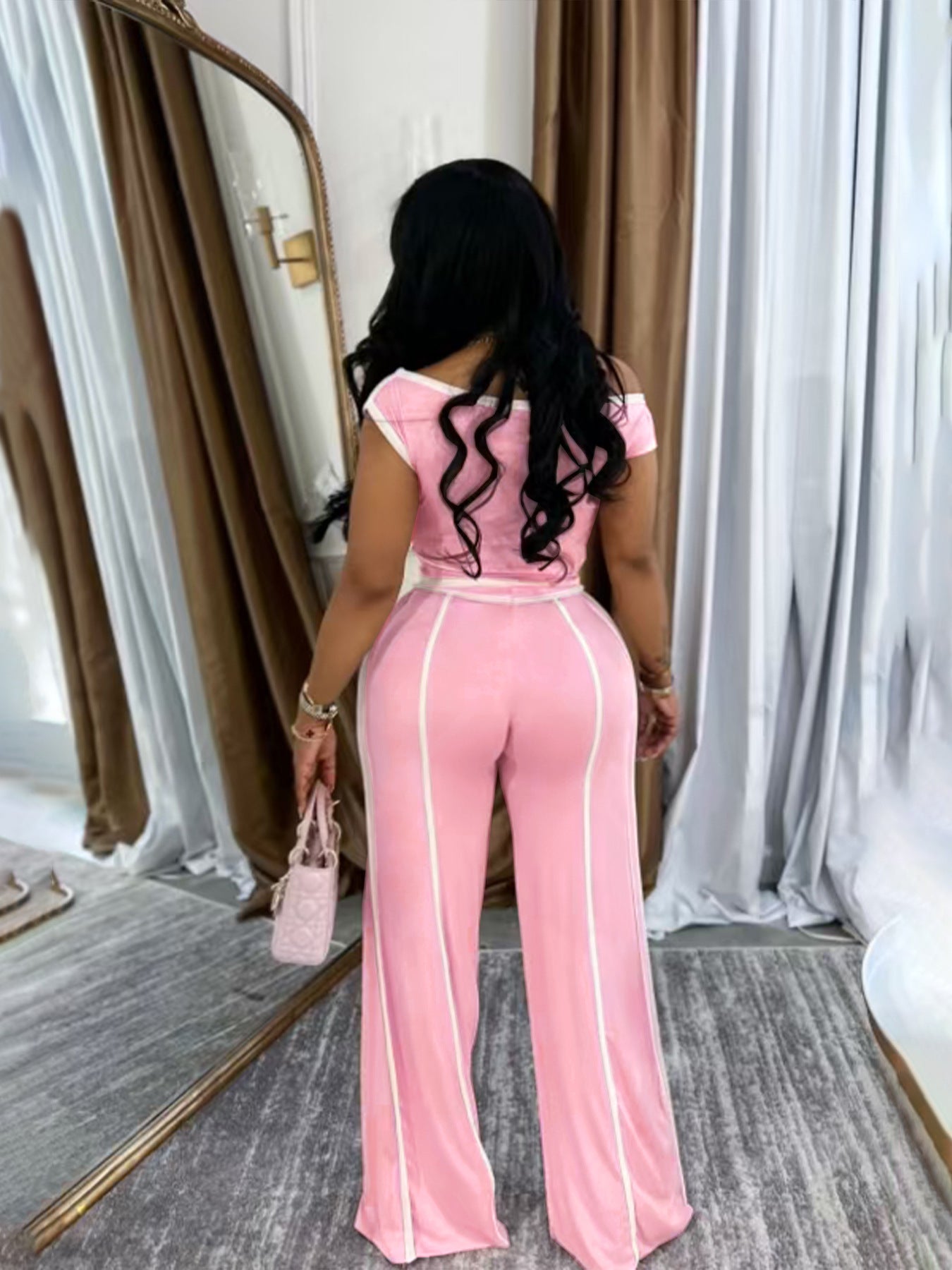 Women Summer Casual Off Shoulder Top and Long Pants Two Piece Set 12