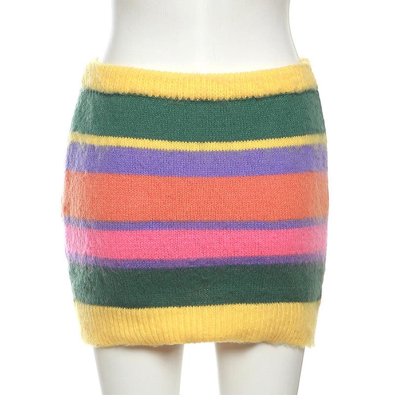 Autumn Women's Sexy Knitting Long-Sleeved Contrast Color Top High Waist Bodycon Skirt Suit For Women 16