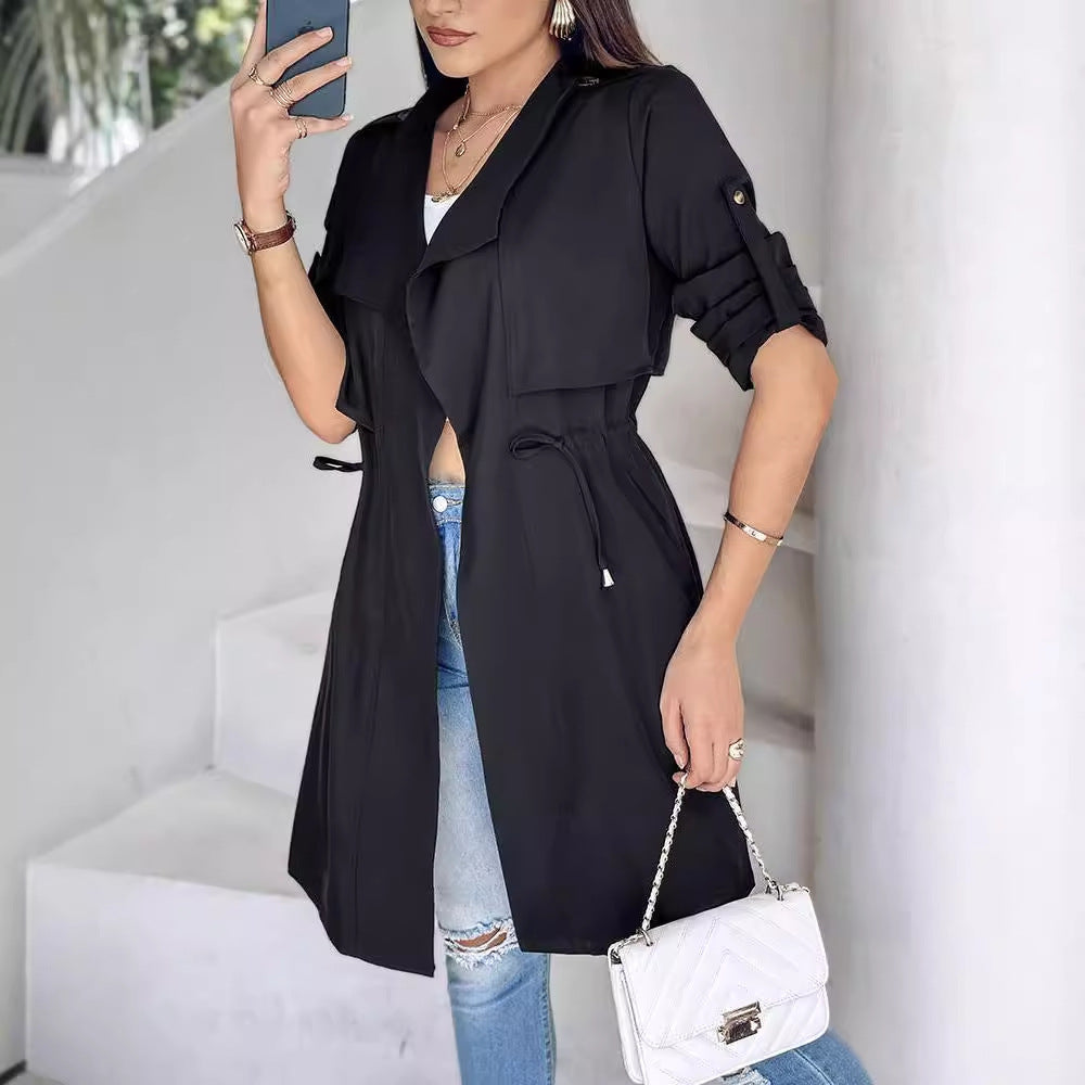 Women Fall/Winter Loose Solid Maxi Windbreaker Coat 7