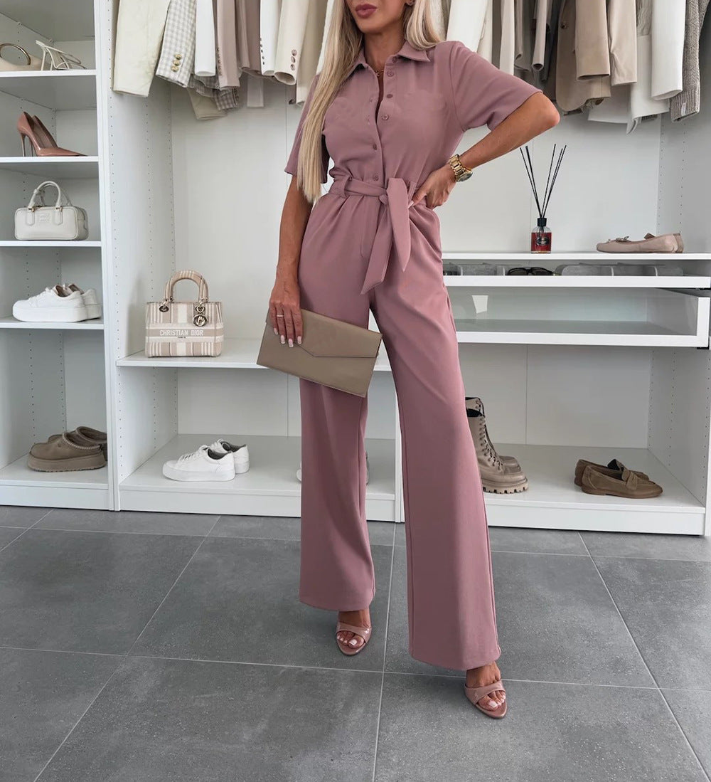 Women's fashion turndown collar solid color single-breasted jumpsuit 5