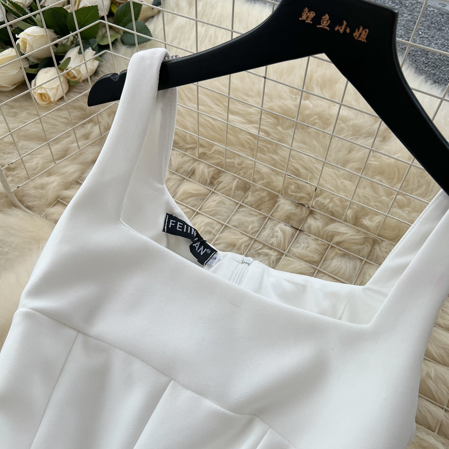 Women's Summer Square Neck Strap Mesh Patchwork Puffy Long Dress 11