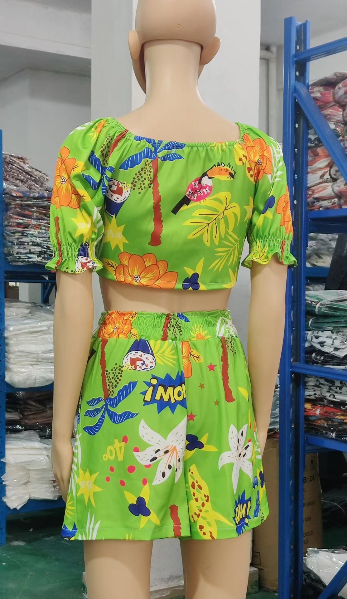 Women Clothes Lace Up Short Summer Sleeve Print Suit Shorts V-Neck Top Two Piece Set 16