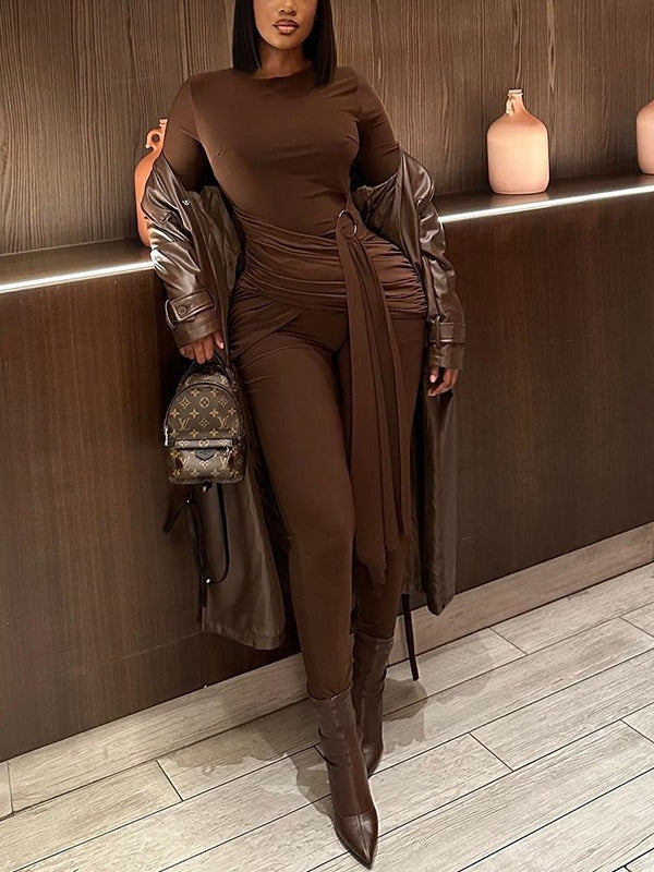 Women Solid Color One-Piece Lace-Up Round Neck Long Sleeve Tight Fitting Fitness Jumpsuit 7